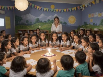 Crianças ouvindo uma contação de histórias, com elementos visuais que representam a magia do storytelling e aprendizado lúdico.