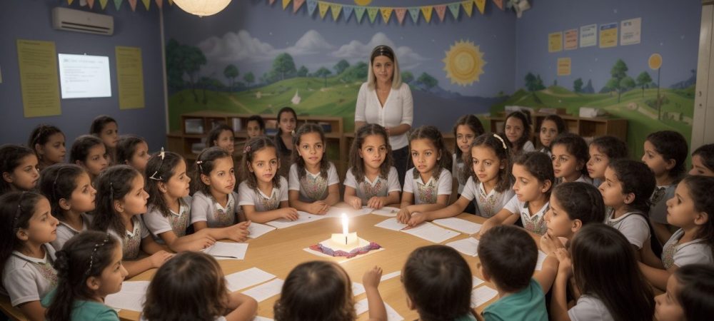 Crianças ouvindo uma contação de histórias, com elementos visuais que representam a magia do storytelling e aprendizado lúdico.