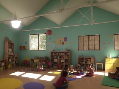 Crianças em sala de aula atentas à contação de histórias, com livros ilustrados e fantoches