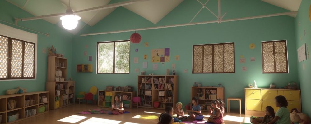 Crianças em sala de aula atentas à contação de histórias, com livros ilustrados e fantoches