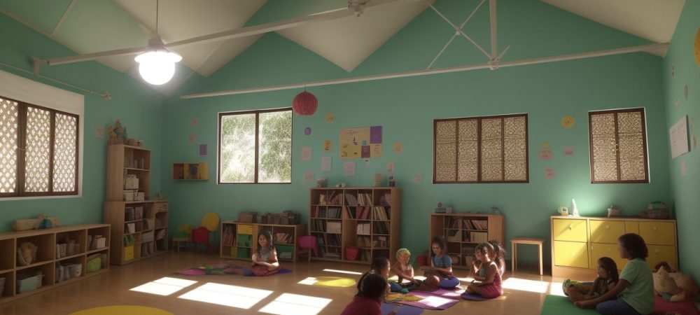 Crianças em sala de aula atentas à contação de histórias, com livros ilustrados e fantoches