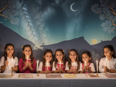 Crianças e educadora em sala de aula, envolvidas em contação de histórias, com livros ilustrados e elementos visuais para aprendizado.