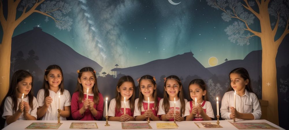 Crianças e educadora em sala de aula, envolvidas em contação de histórias, com livros ilustrados e elementos visuais para aprendizado.