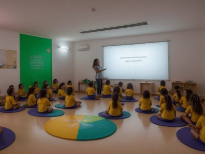 Crianças e educadores envolvidos em uma sessão de contação de histórias vibrante e interativa em sala de aula