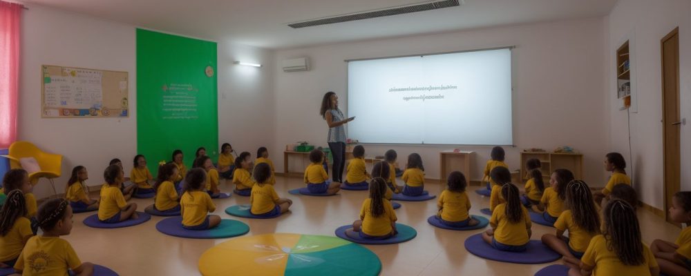 Crianças e educadores envolvidos em uma sessão de contação de histórias vibrante e interativa em sala de aula