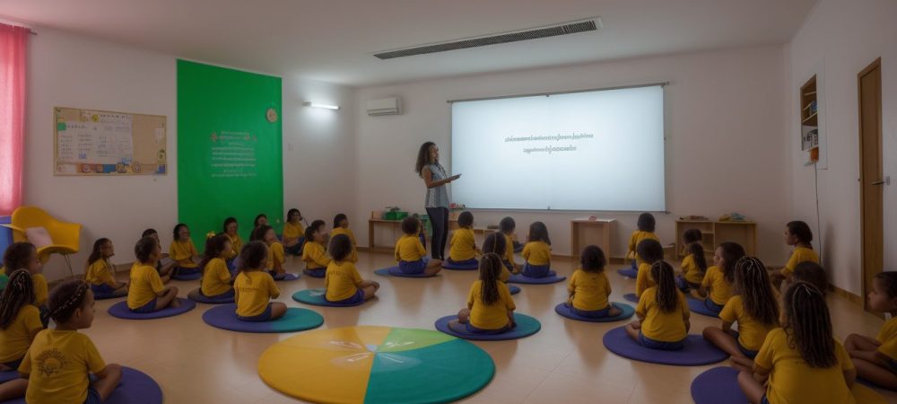 Crianças e educadores envolvidos em uma sessão de contação de histórias vibrante e interativa em sala de aula