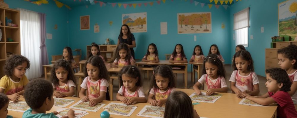 Crianças entusiasmadas assistindo a contação de histórias com fantoches em sala de aula, aprendendo sobre a importância da contação na educação infantil.