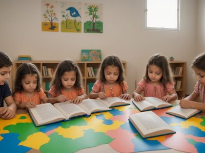 Crianças ouvindo contação de histórias na educação infantil, com livros, fantoches e um ambiente acolhedor para estimular a criatividade e o aprendizado.