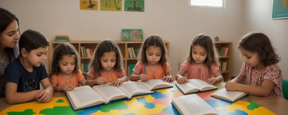 Crianças ouvindo contação de histórias na educação infantil, com livros, fantoches e um ambiente acolhedor para estimular a criatividade e o aprendizado.