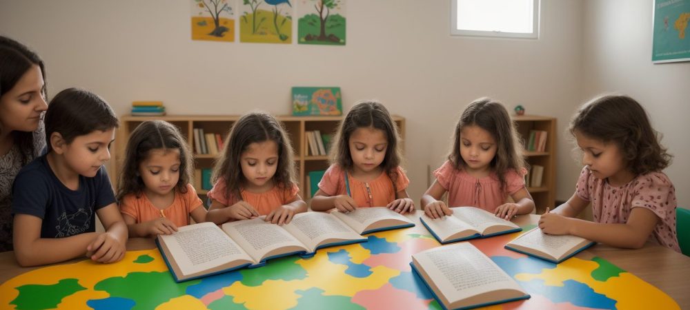 Crianças ouvindo contação de histórias na educação infantil, com livros, fantoches e um ambiente acolhedor para estimular a criatividade e o aprendizado.