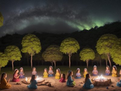 Crianças ouvindo e participando ativamente de uma contação de histórias, com recursos visuais coloridos em um ambiente acolhedor.