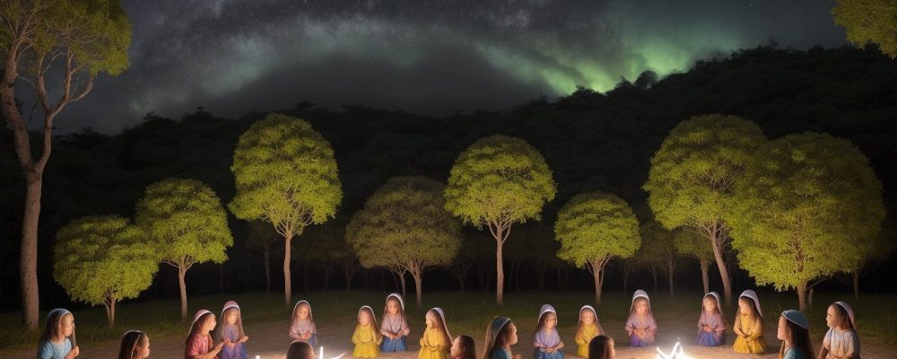 Crianças ouvindo e participando ativamente de uma contação de histórias, com recursos visuais coloridos em um ambiente acolhedor.