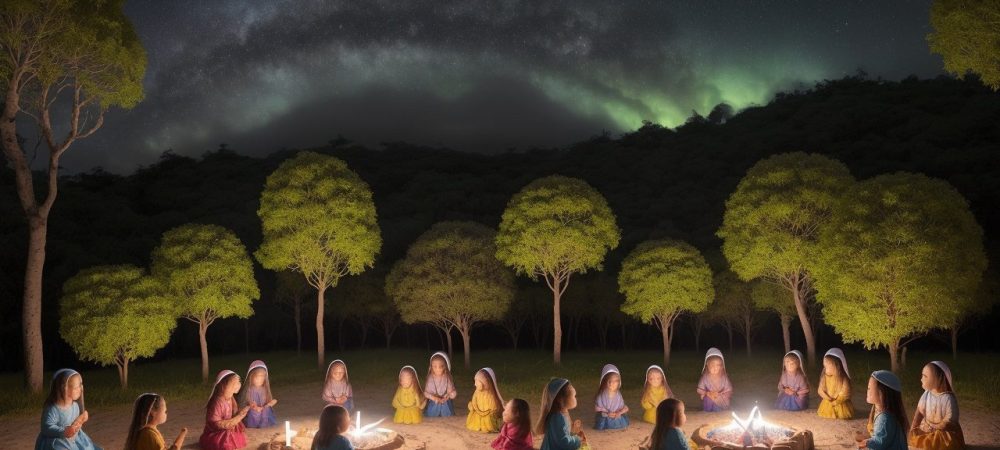 Crianças ouvindo e participando ativamente de uma contação de histórias, com recursos visuais coloridos em um ambiente acolhedor.