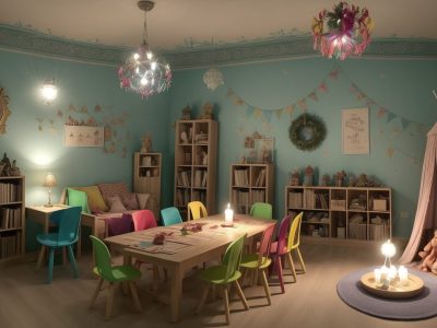 Crianças ouvindo uma contadora de histórias em uma sala de aula, com livros e recursos visuais, representando a contação de histórias na educação infantil