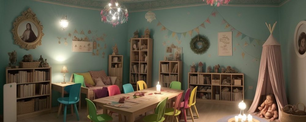 Crianças ouvindo uma contadora de histórias em uma sala de aula, com livros e recursos visuais, representando a contação de histórias na educação infantil