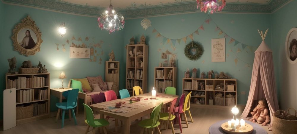 Crianças ouvindo uma contadora de histórias em uma sala de aula, com livros e recursos visuais, representando a contação de histórias na educação infantil