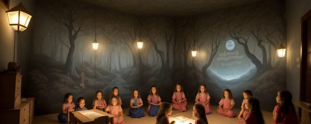 Educadora contando histórias para crianças em sala de aula, utilizando recursos lúdicos e promovendo a contação de histórias na educação infantil