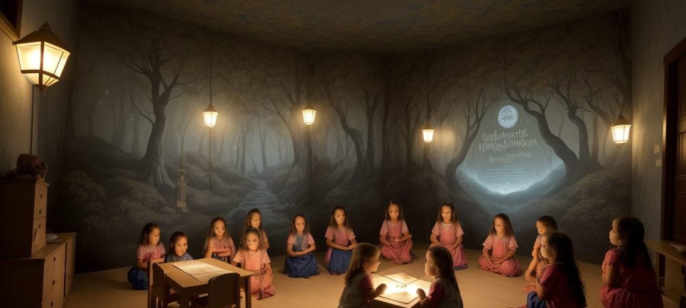 Educadora contando histórias para crianças em sala de aula, utilizando recursos lúdicos e promovendo a contação de histórias na educação infantil