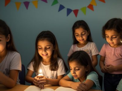 Crianças ouvindo contação de histórias na sala de aula, com recursos visuais e fantoches para aprendizado envolvente.