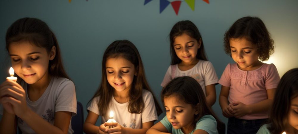 Crianças ouvindo contação de histórias na sala de aula, com recursos visuais e fantoches para aprendizado envolvente.