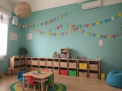 Crianças ouvindo atentas a contação de histórias na educação infantil, com livros e elementos visuais.
