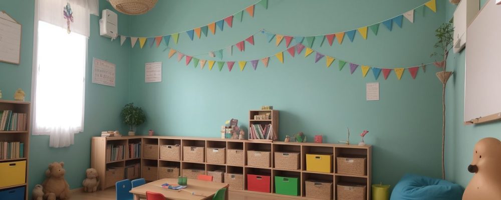 Crianças ouvindo atentas a contação de histórias na educação infantil, com livros e elementos visuais.