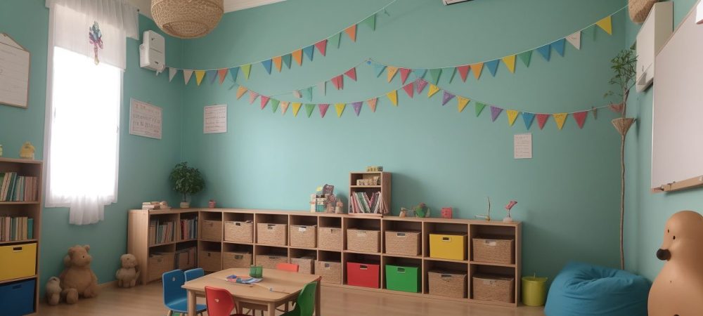 Crianças ouvindo atentas a contação de histórias na educação infantil, com livros e elementos visuais.