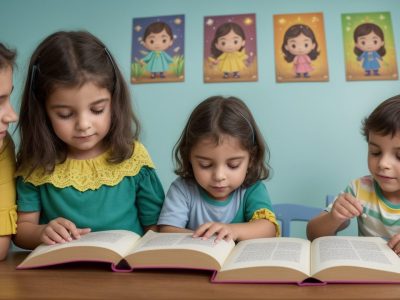 Crianças em sala de aula participando ativamente de uma sessão de contação de histórias na educação infantil, com recursos visuais e interativos.