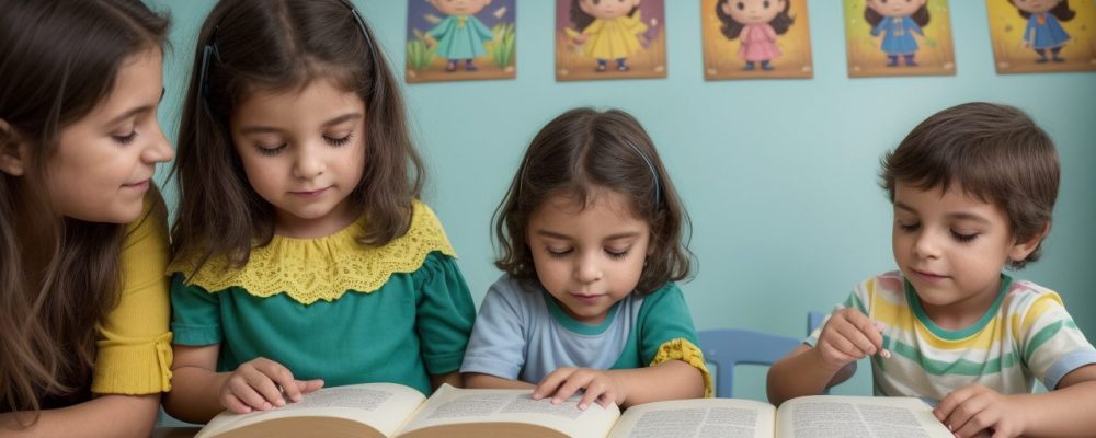 Crianças em sala de aula participando ativamente de uma sessão de contação de histórias na educação infantil, com recursos visuais e interativos.
