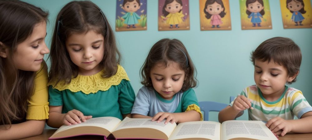 Crianças em sala de aula participando ativamente de uma sessão de contação de histórias na educação infantil, com recursos visuais e interativos.