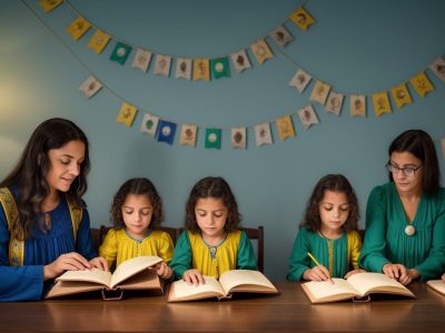 Crianças ouvindo uma contação de histórias vibrante, com fantoches e livros coloridos, em um ambiente acolhedor e educativo