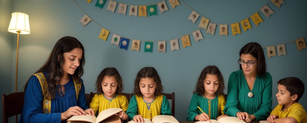 Crianças ouvindo uma contação de histórias vibrante, com fantoches e livros coloridos, em um ambiente acolhedor e educativo