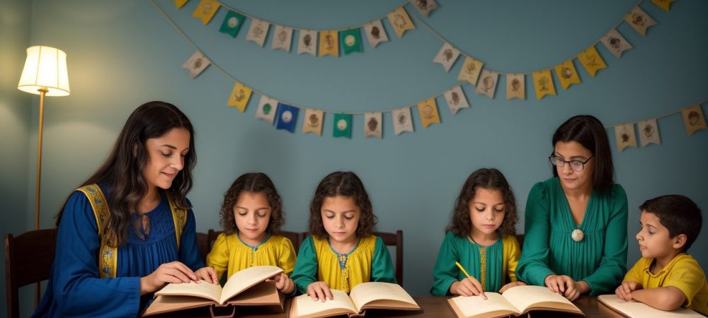 Crianças ouvindo uma contação de histórias vibrante, com fantoches e livros coloridos, em um ambiente acolhedor e educativo