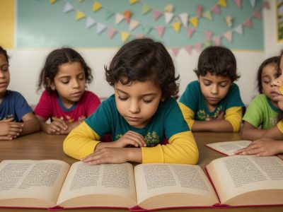 Crianças atentas em círculo, ouvindo contação de histórias na educação infantil com livros ilustrados e fantoches