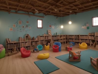 Crianças ouvindo histórias com atenção em uma sala de aula, com elementos visuais de contação de histórias.