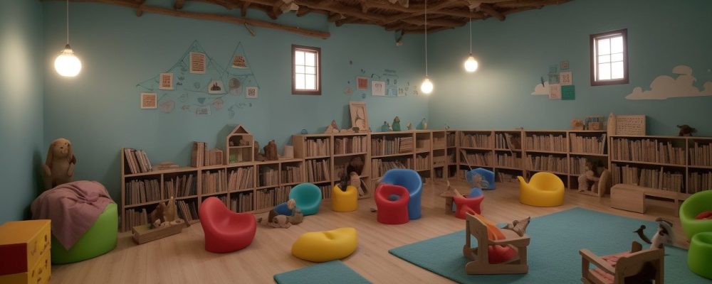 Crianças ouvindo histórias com atenção em uma sala de aula, com elementos visuais de contação de histórias.