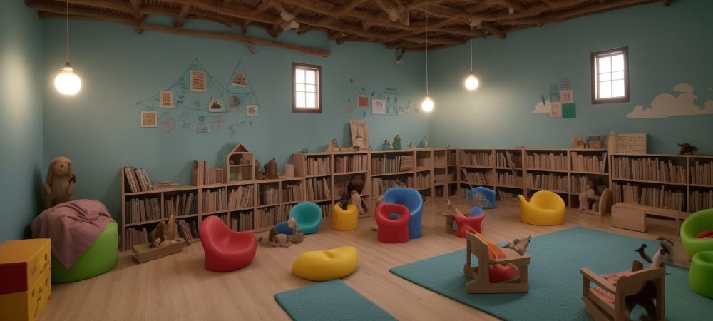 Crianças ouvindo histórias com atenção em uma sala de aula, com elementos visuais de contação de histórias.