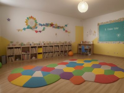 Crianças ouvindo contação de histórias em ambiente acolhedor, com livros ilustrados e elementos visuais, promovendo imaginação e aprendizado.