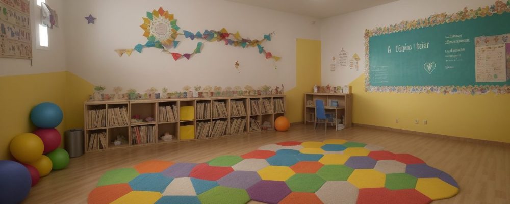 Crianças ouvindo contação de histórias em ambiente acolhedor, com livros ilustrados e elementos visuais, promovendo imaginação e aprendizado.