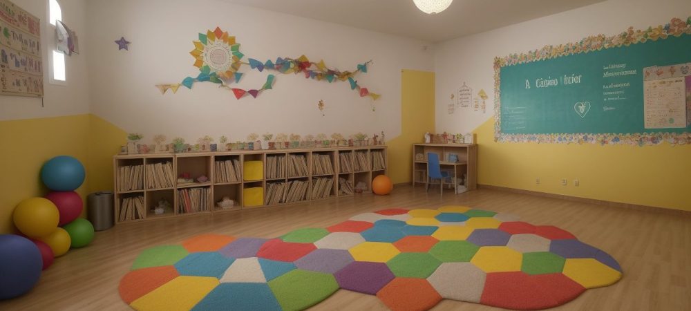 Crianças ouvindo contação de histórias em ambiente acolhedor, com livros ilustrados e elementos visuais, promovendo imaginação e aprendizado.