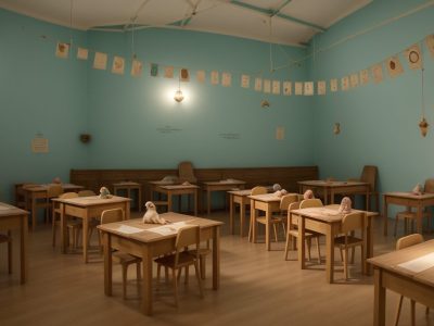 Crianças ouvindo e interagindo em uma sessão de contação de histórias na educação infantil, com recursos visuais e fantoches.