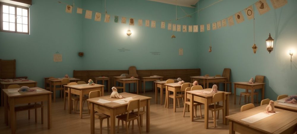 Crianças ouvindo e interagindo em uma sessão de contação de histórias na educação infantil, com recursos visuais e fantoches.