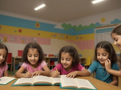 Crianças ouvindo atentas a um contador de histórias em uma sala de aula, com foco na importância da contação de histórias na educação infantil