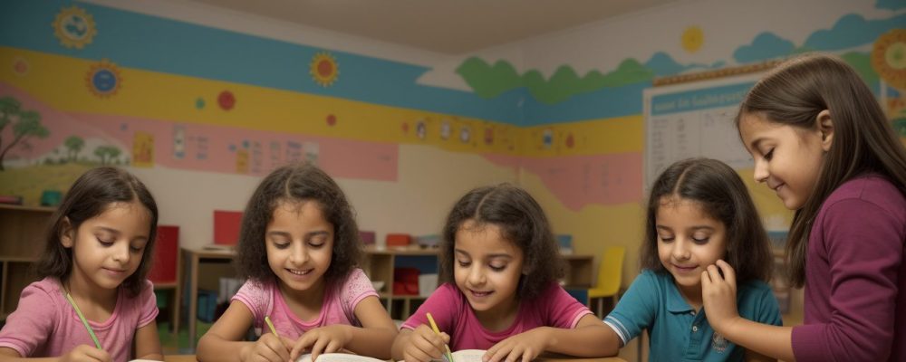 Crianças ouvindo atentas a um contador de histórias em uma sala de aula, com foco na importância da contação de histórias na educação infantil
