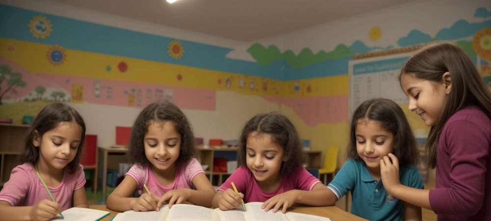 Crianças ouvindo atentas a um contador de histórias em uma sala de aula, com foco na importância da contação de histórias na educação infantil
