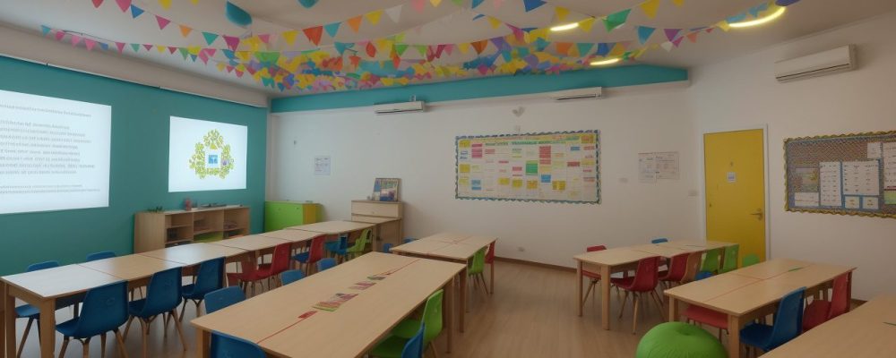 Crianças ouvindo histórias em um ambiente acolhedor, com livros e elementos visuais que estimulam a imaginação e a contação de histórias na educação infantil.