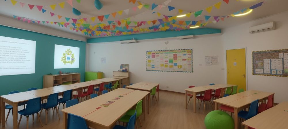 Crianças ouvindo histórias em um ambiente acolhedor, com livros e elementos visuais que estimulam a imaginação e a contação de histórias na educação infantil.