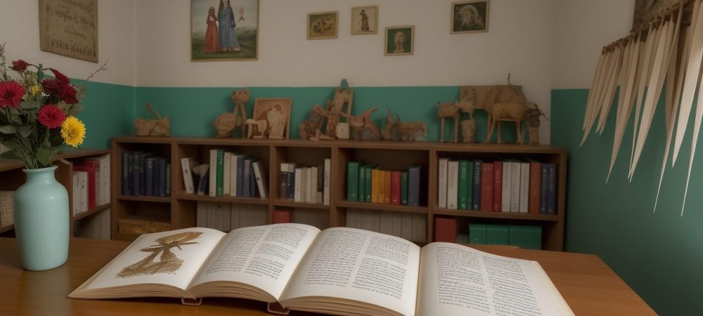 Crianças ouvindo e participando ativamente de uma sessão de contação de histórias na educação infantil, com livros e fantoches.
