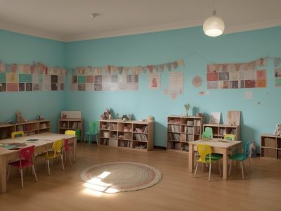 Crianças ouvindo a contação de histórias em uma sala de aula, com livros e elementos visuais que estimulam a imaginação e o aprendizado.