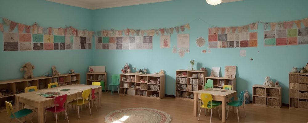 Crianças ouvindo a contação de histórias em uma sala de aula, com livros e elementos visuais que estimulam a imaginação e o aprendizado.